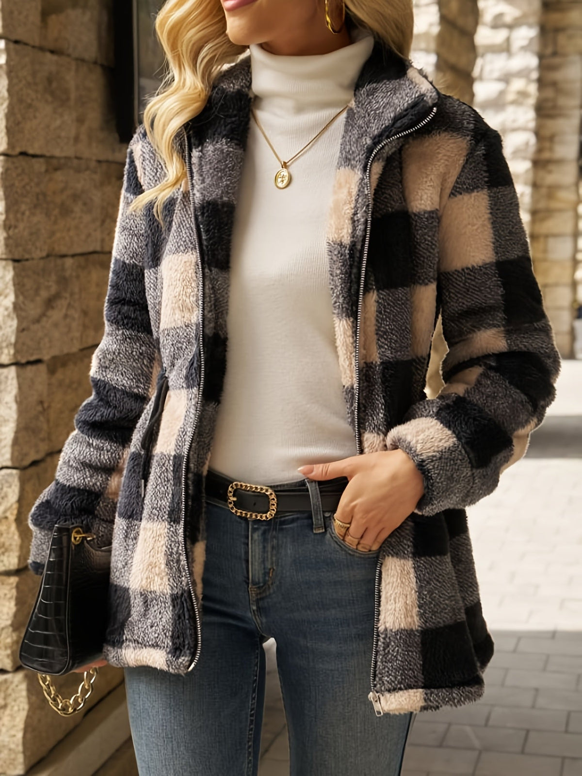 Women's Plush Checked Hooded Zip-Up Jacket