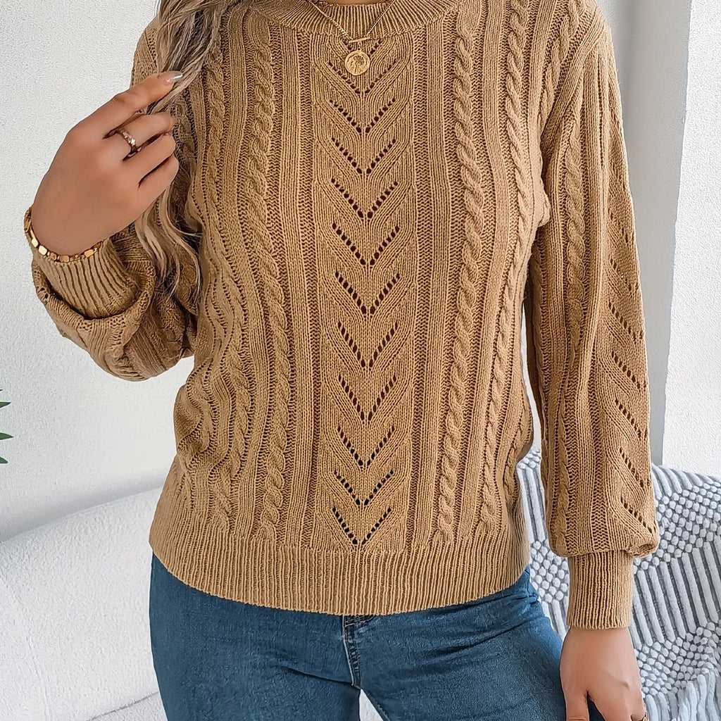 Women's Cable-Knit Openwork Round-Neck Sweater - Khaki