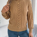 Women's Cable-Knit Openwork Round-Neck Sweater - Khaki
