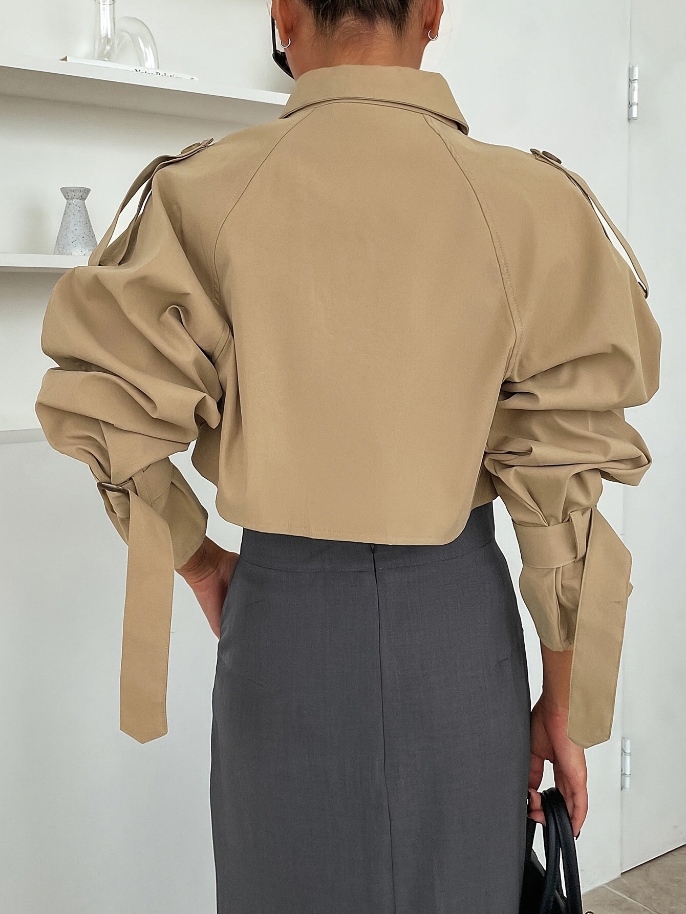 Women's Cropped Trench Jacket with Buckled Cuffs