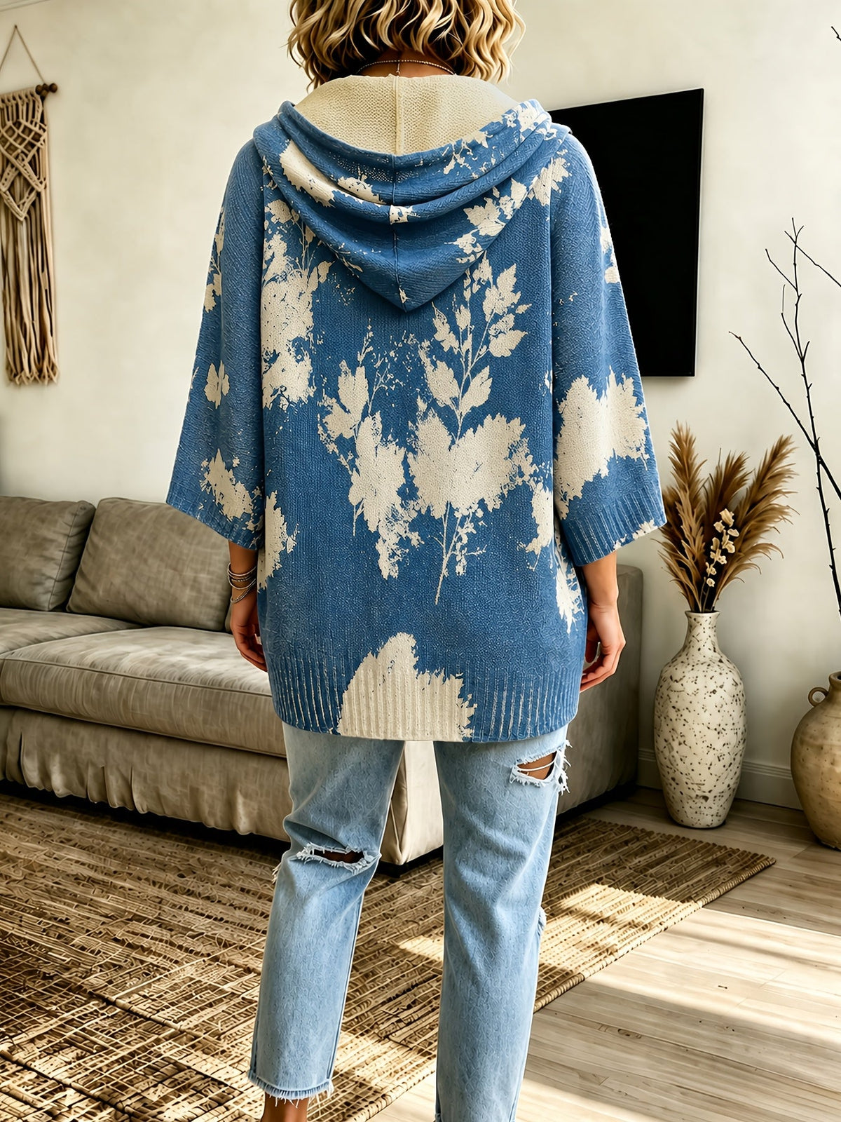 Women's Hooded Floral Cape Sweater with Drawstring