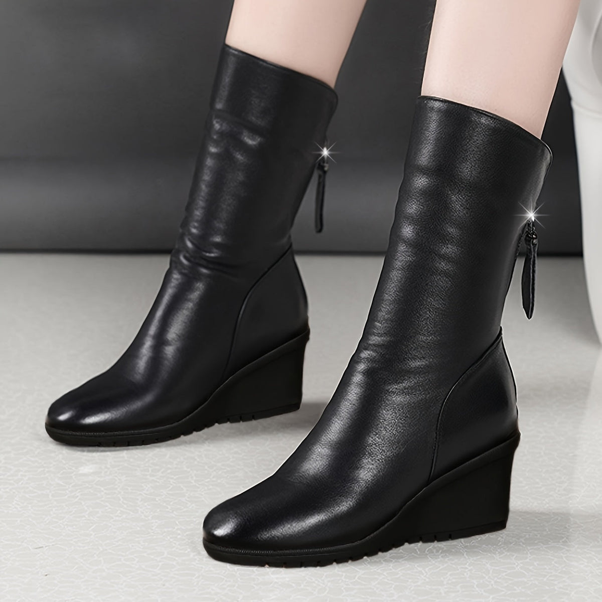 Women's Sleek Wedge-Heel Mid-Calf Boots
