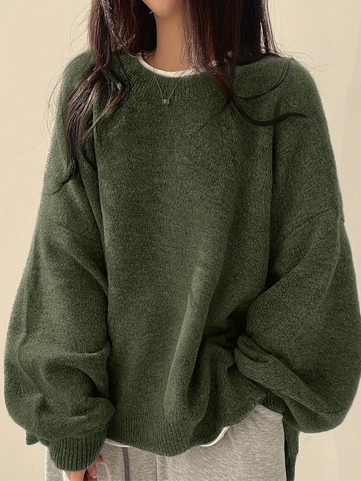 Women's Thick Knit Relaxed Round Neck Drop-Shoulder Pullover