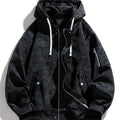 Women's Relaxed Fit Hooded Zip-Up Jacket with Sleeve Pocket - Black