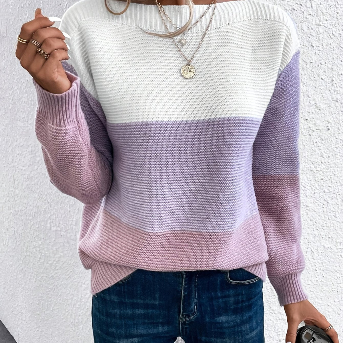 Women's Color-Blocked Drop-Shoulder Knit Sweater - Light Purple