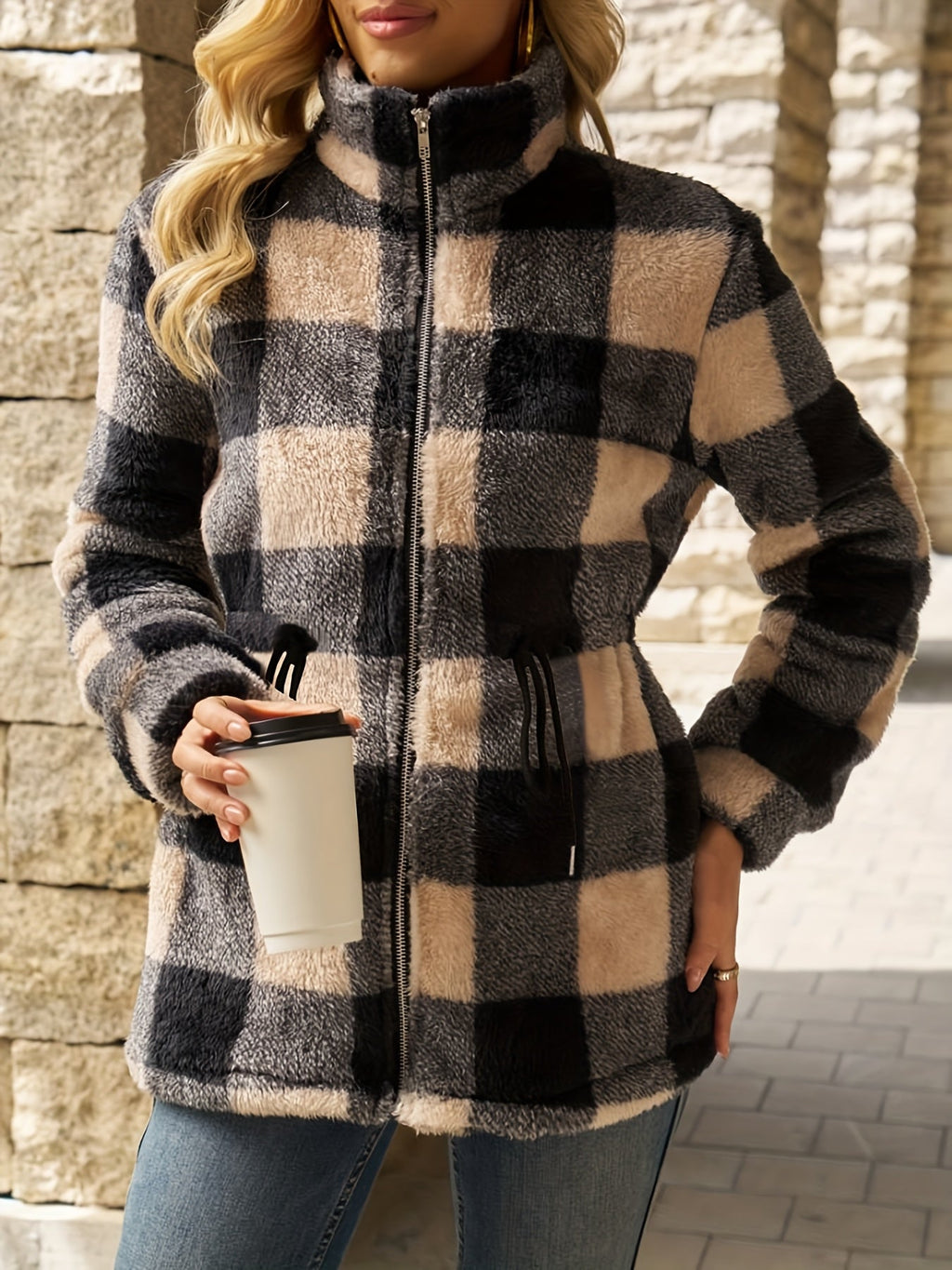 Women's Plush Checked Hooded Zip-Up Jacket