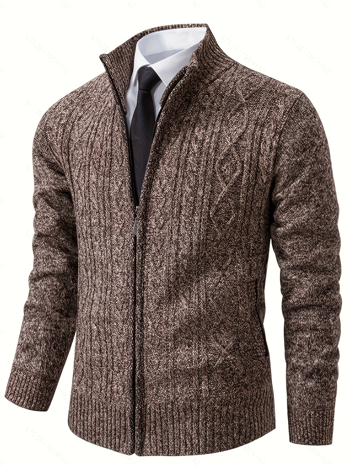 Men's Cable-Knit Stand Collar Full-Zip Cardigan