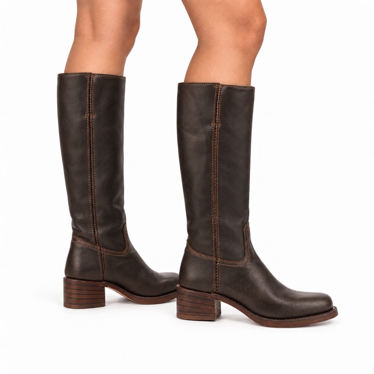 Women's Square-Toe Knee-High Western Boots with Low Block Heel - Dark Brown