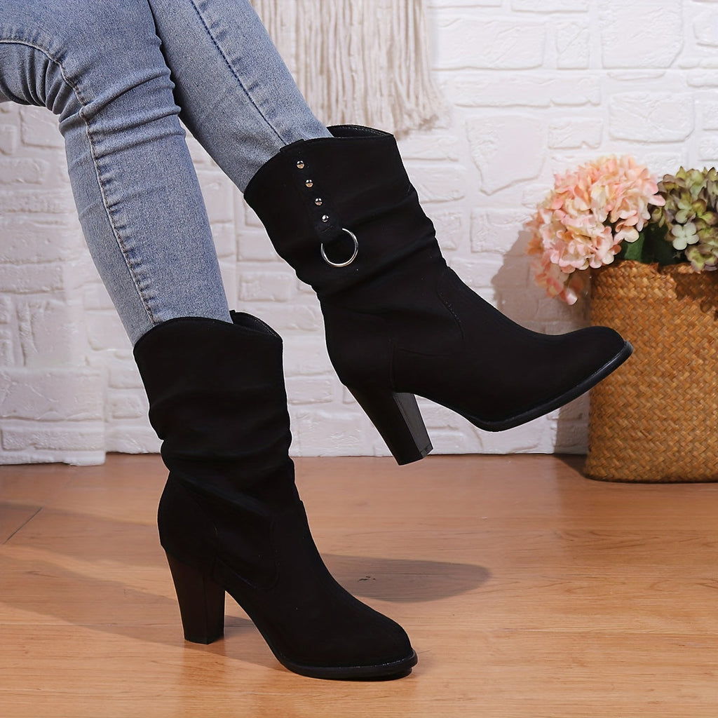 Women's Slouchy Western Ankle Boots with Square Toe - Black
