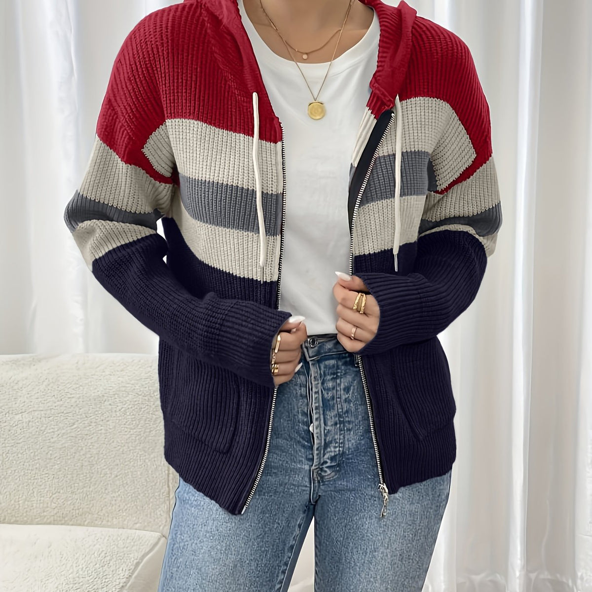 Women's Ribbed Color-Block Hooded Zip Cardigan - Red