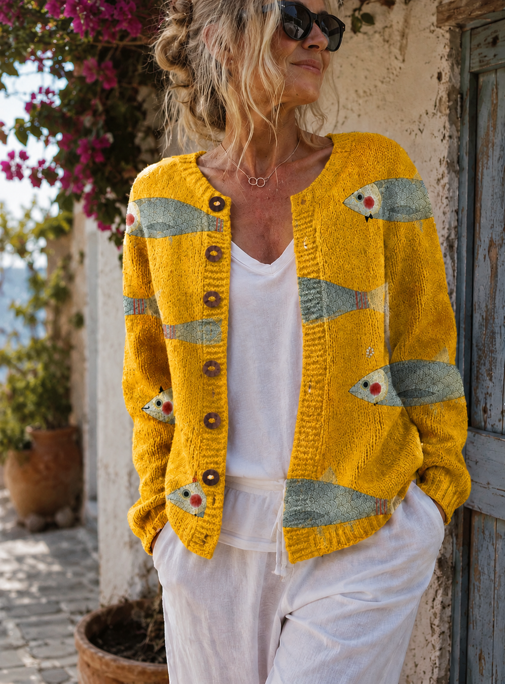 Women's Fish Print Button-Down Cardigan