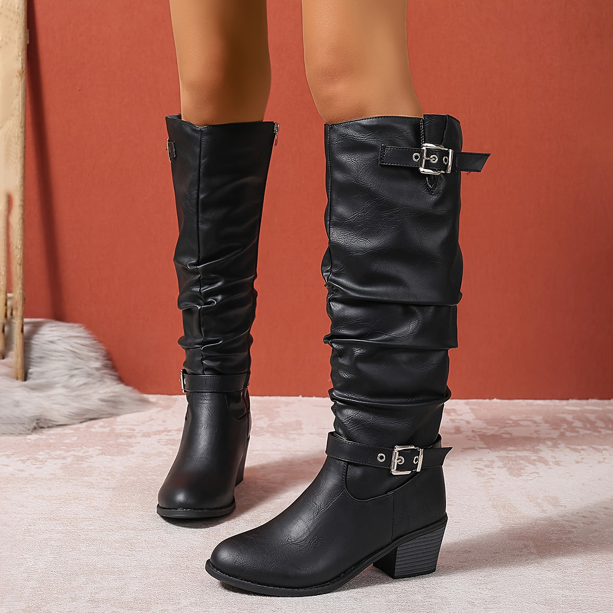 Women's Slouch Tall Boots with Block Heel and Buckle Straps