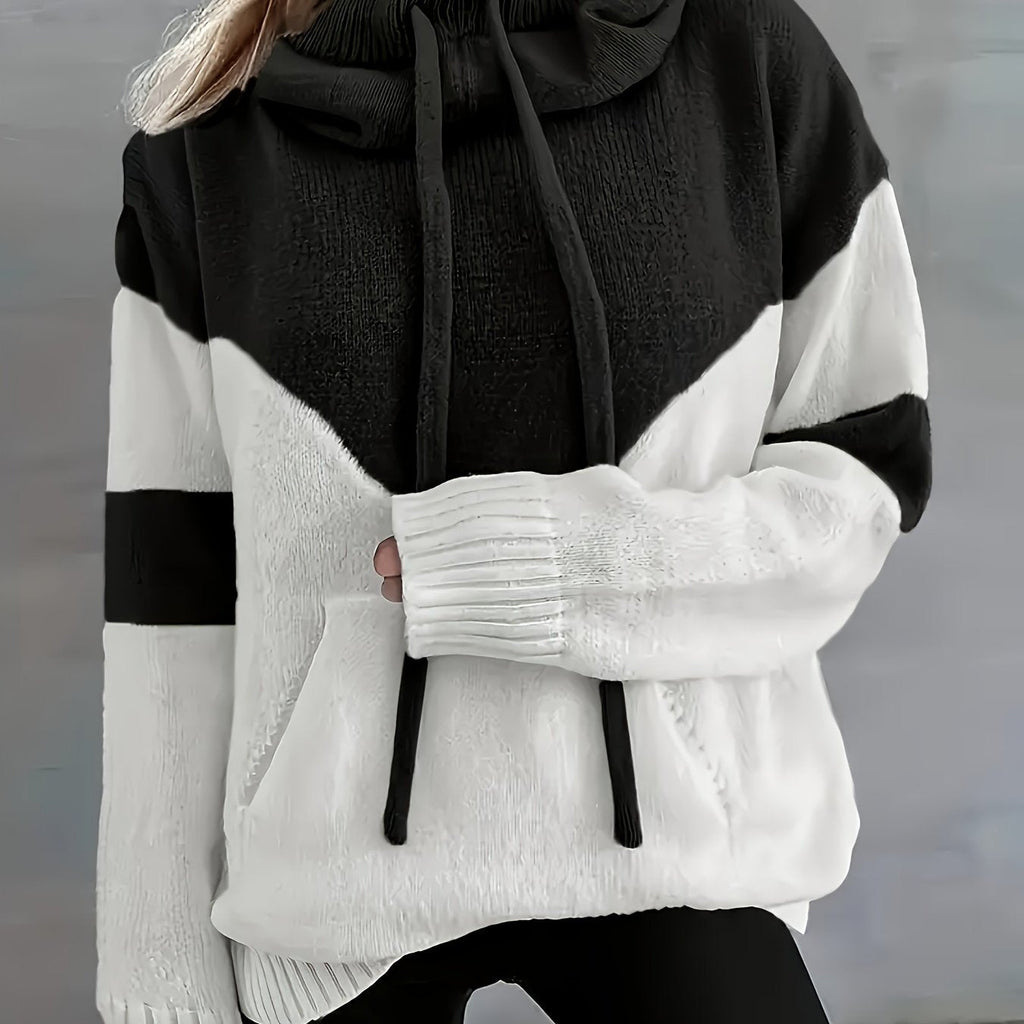 Women's Two-Tone Color-Block Drawstring Hooded Pullover - Black
