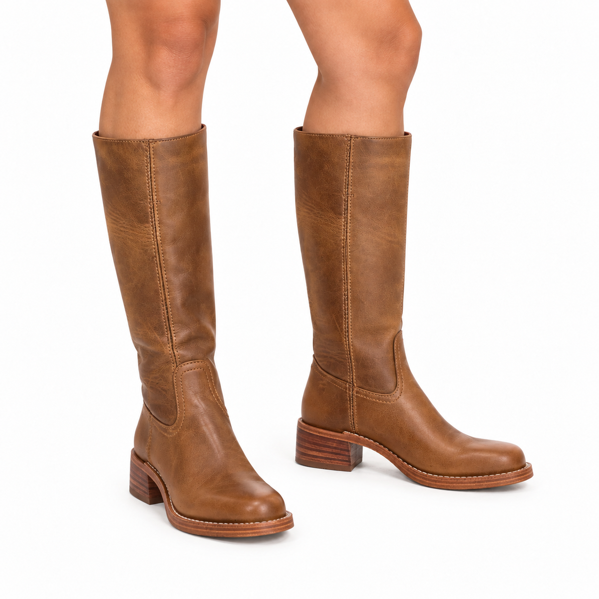 Women's Square-Toe Knee-High Western Boots with Low Block Heel - Brown