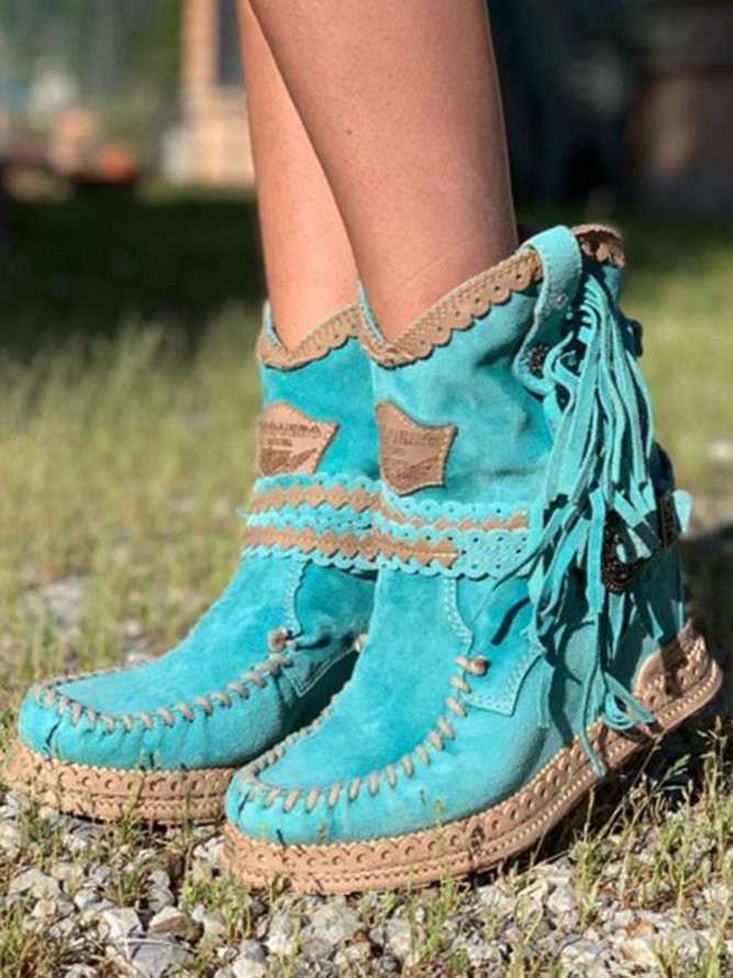 Women's Fringe Ankle Boots with Woven Detail - Blue Green