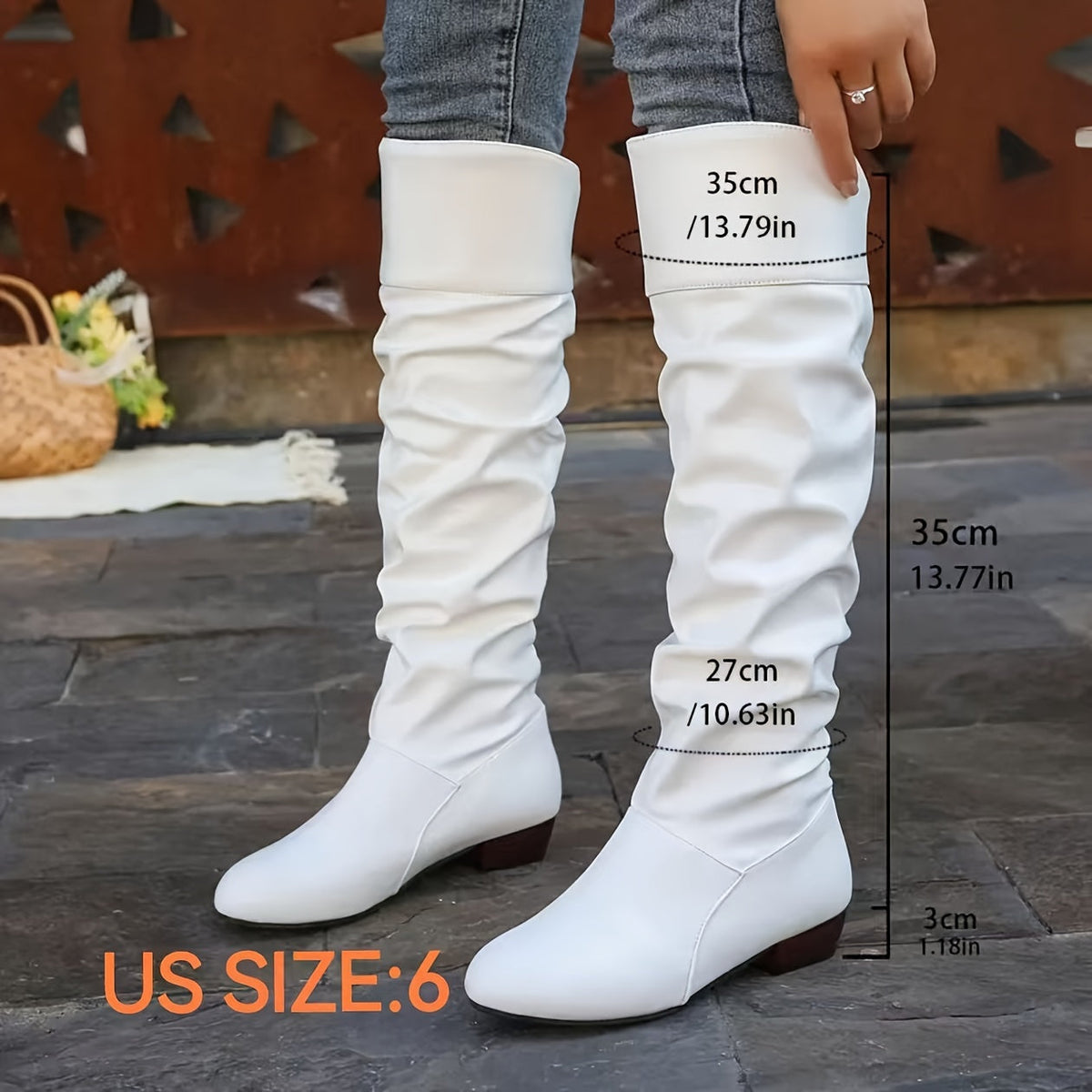 Women's Slouch Knee-High Boots with Low Heel and Round Toe