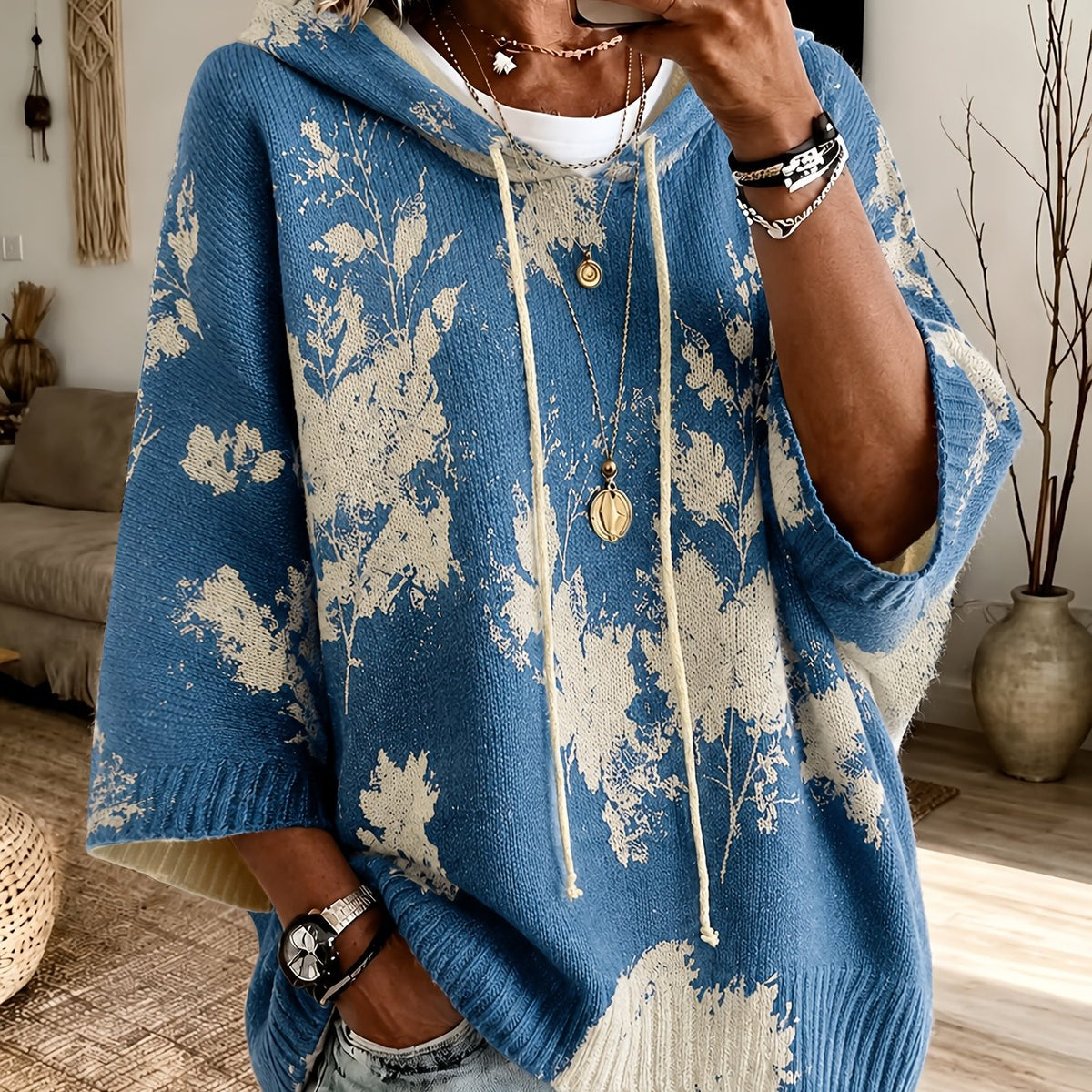 Women's Hooded Floral Cape Sweater with Drawstring - Dark Blue