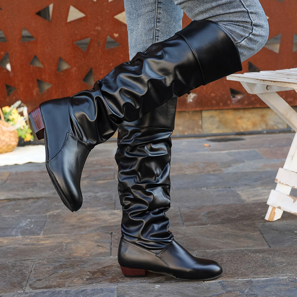 Women's Slouch Knee-High Boots with Low Heel and Round Toe