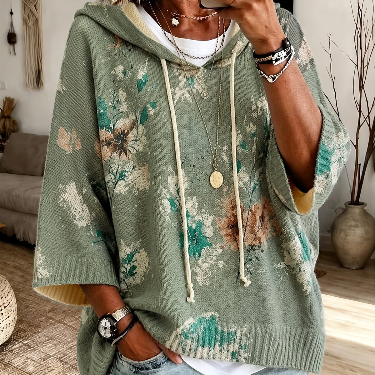 Women's Hooded Floral Cape Sweater with Drawstring - Olive