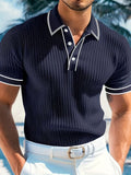 Men's Color-Blocked Short Sleeve Polo Shirt - Navy Blue
