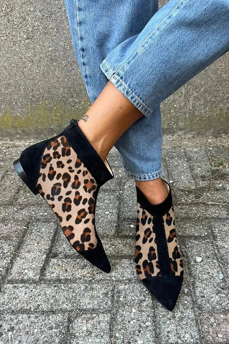 Women's Leopard Print Pointed-Toe Ankle Boots - Khaki