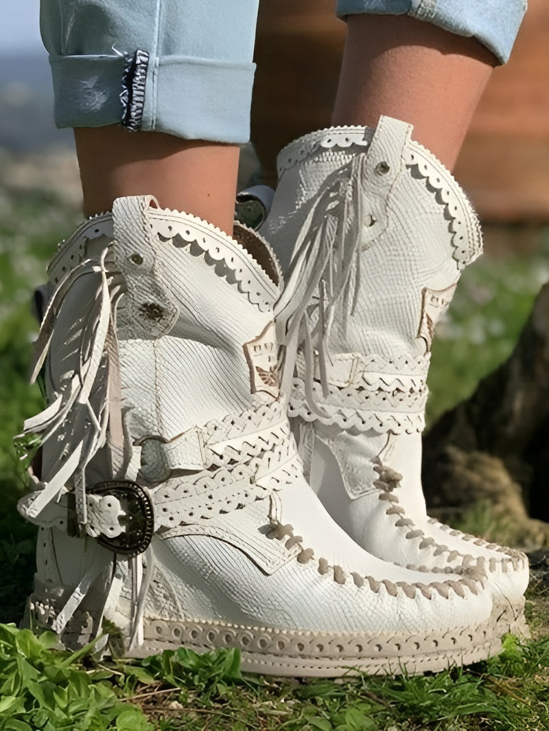 Women's Fringe Ankle Boots with Woven Detail