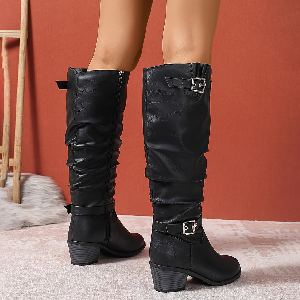 Women's Slouch Tall Boots with Block Heel and Buckle Straps