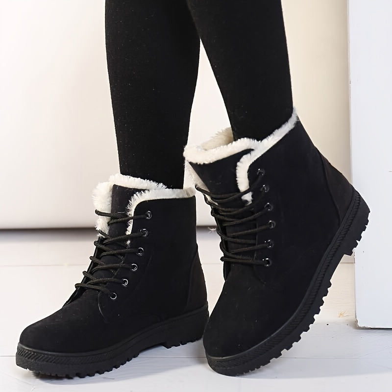 Women's Plush-Lined Lace-Up Winter Ankle Boots - Black