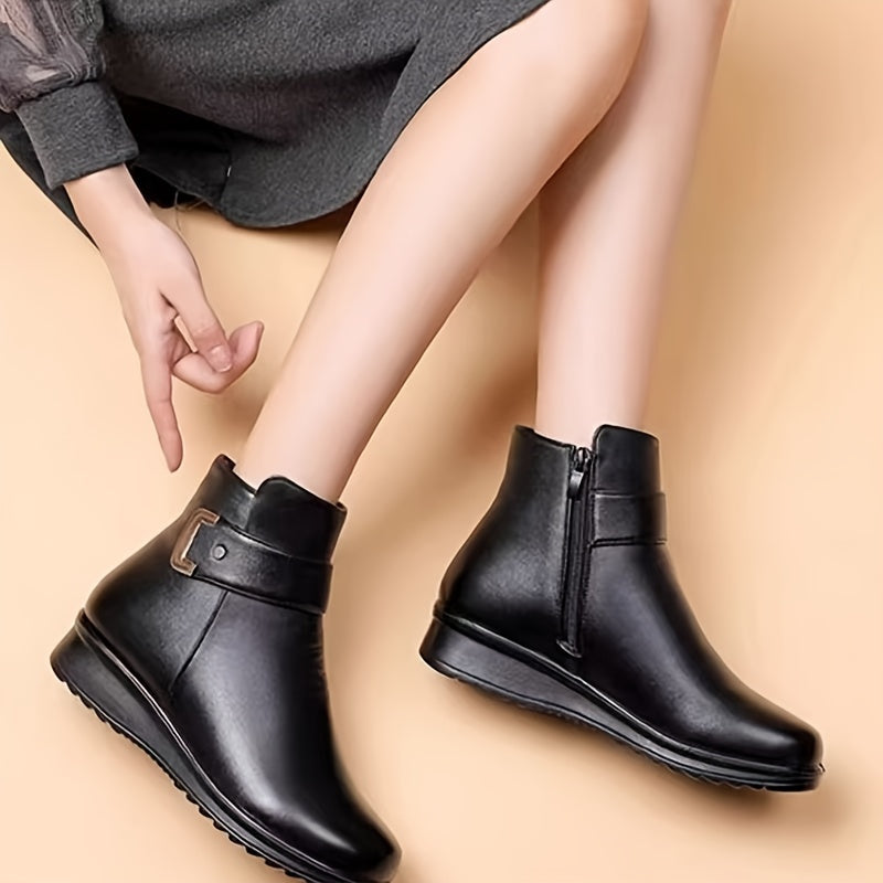 Women's Soft-Lined Flat Ankle Boots with Buckle Detail