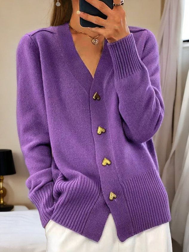 Women's Heart-Button V-Neck Cardigan