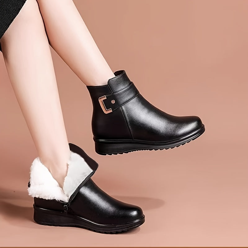 Women's Soft-Lined Flat Ankle Boots with Buckle Detail