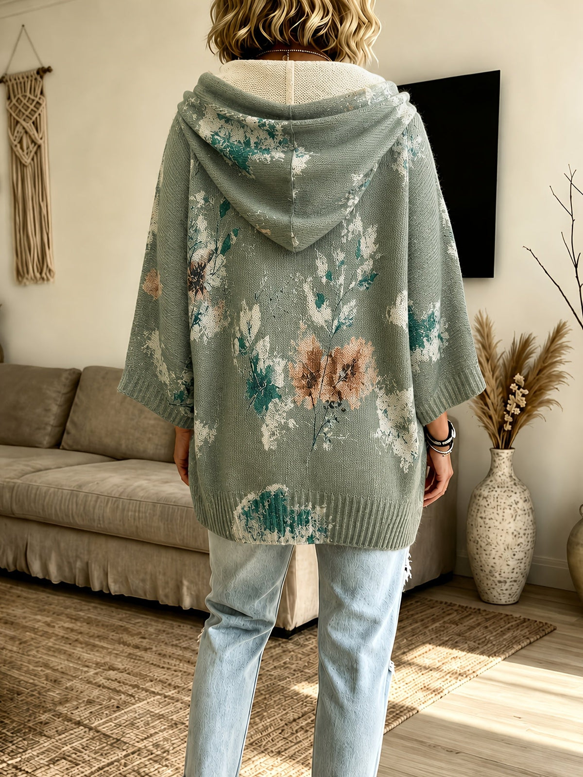 Women's Hooded Floral Cape Sweater with Drawstring