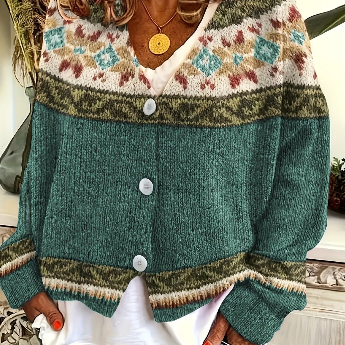 Women's Geometric Yoke Button-Front Cardigan - Green