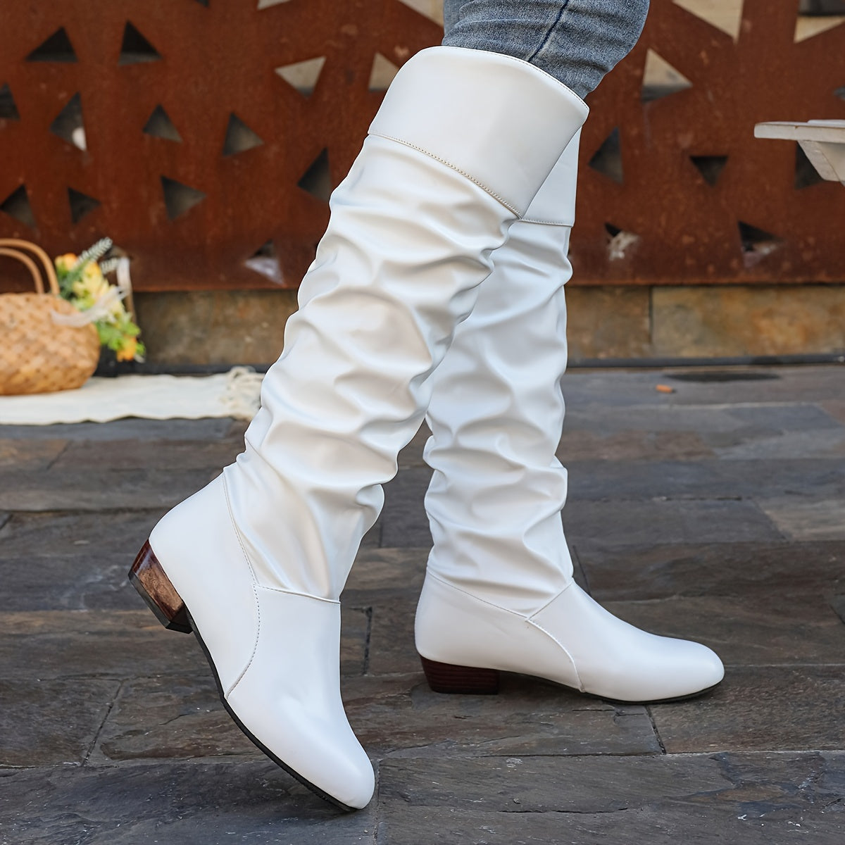 Women's Slouch Knee-High Boots with Low Heel and Round Toe