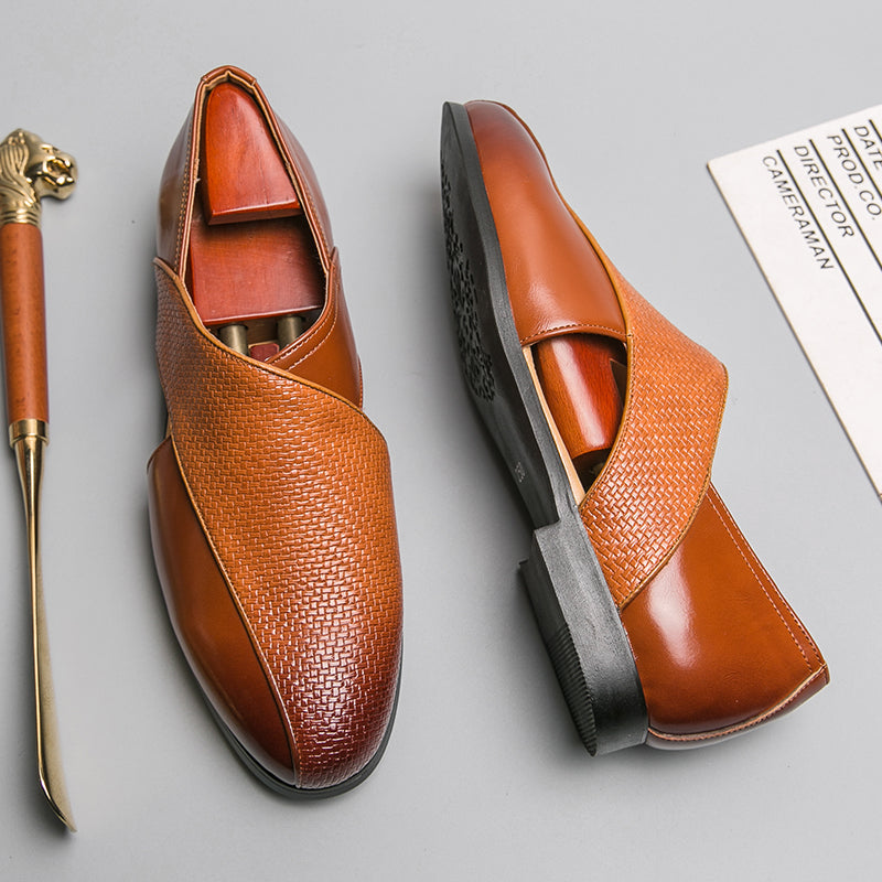Women's Leather Loafers with Woven Crisscross Straps
