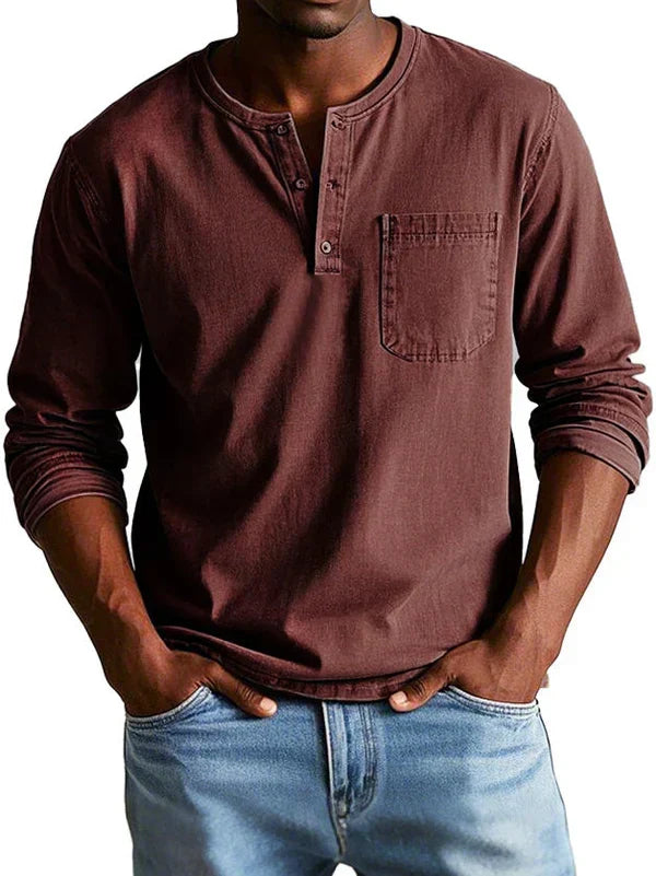 Men's Long-Sleeve Henley Shirt - Wine Red