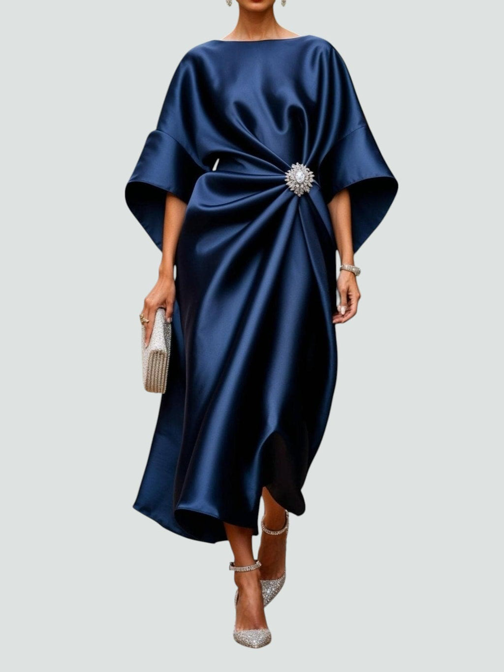 Women's Draped Brooch Maxi Dress Cape Sleeve Gown for Formal Events