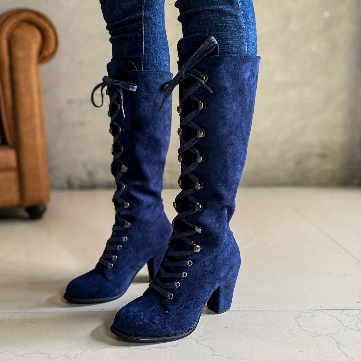 Women's Lace-Up Front Chunky Heel Tall Boots
