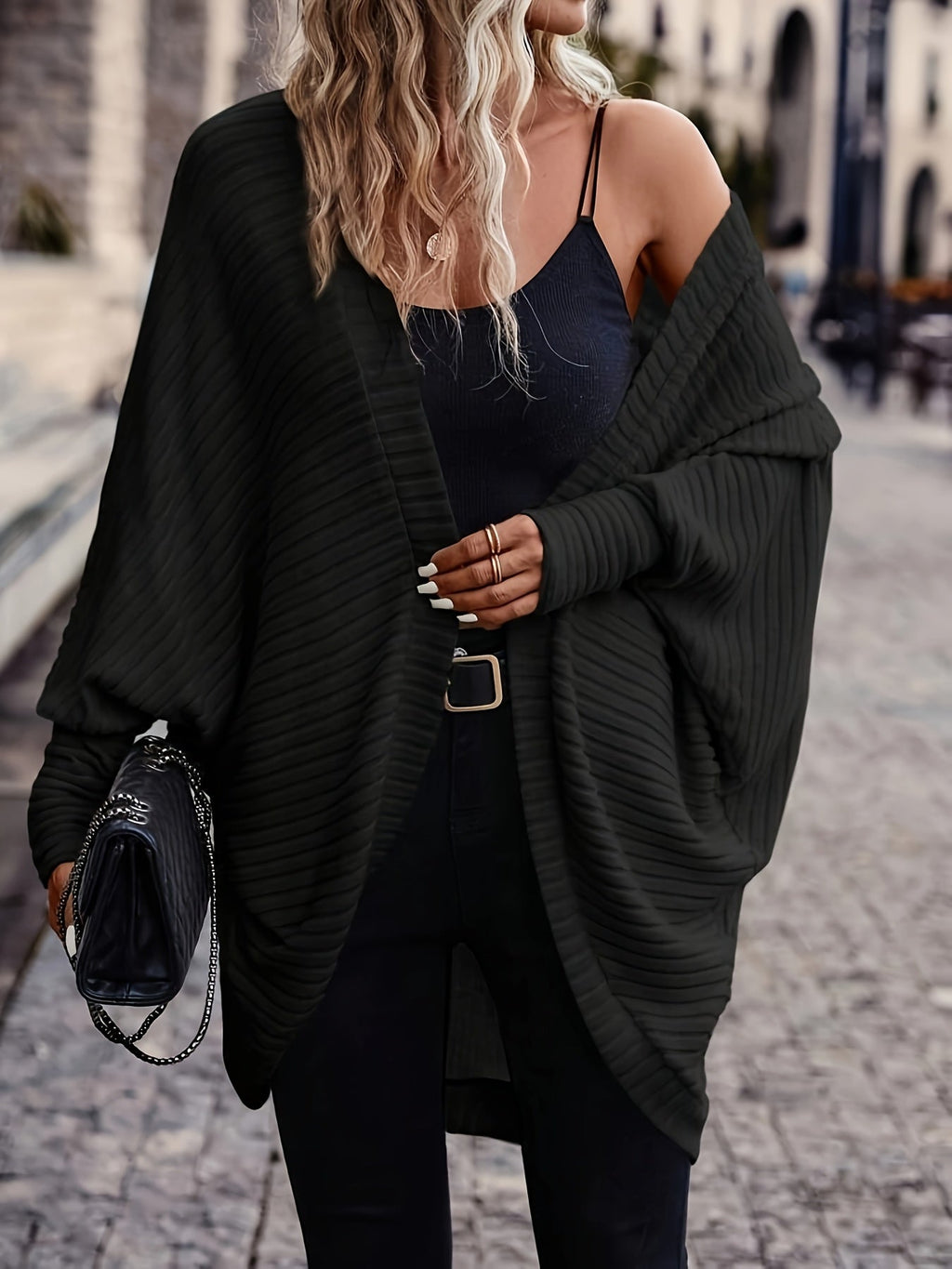 Women's Draped Open-Front Ribbed Cardigan