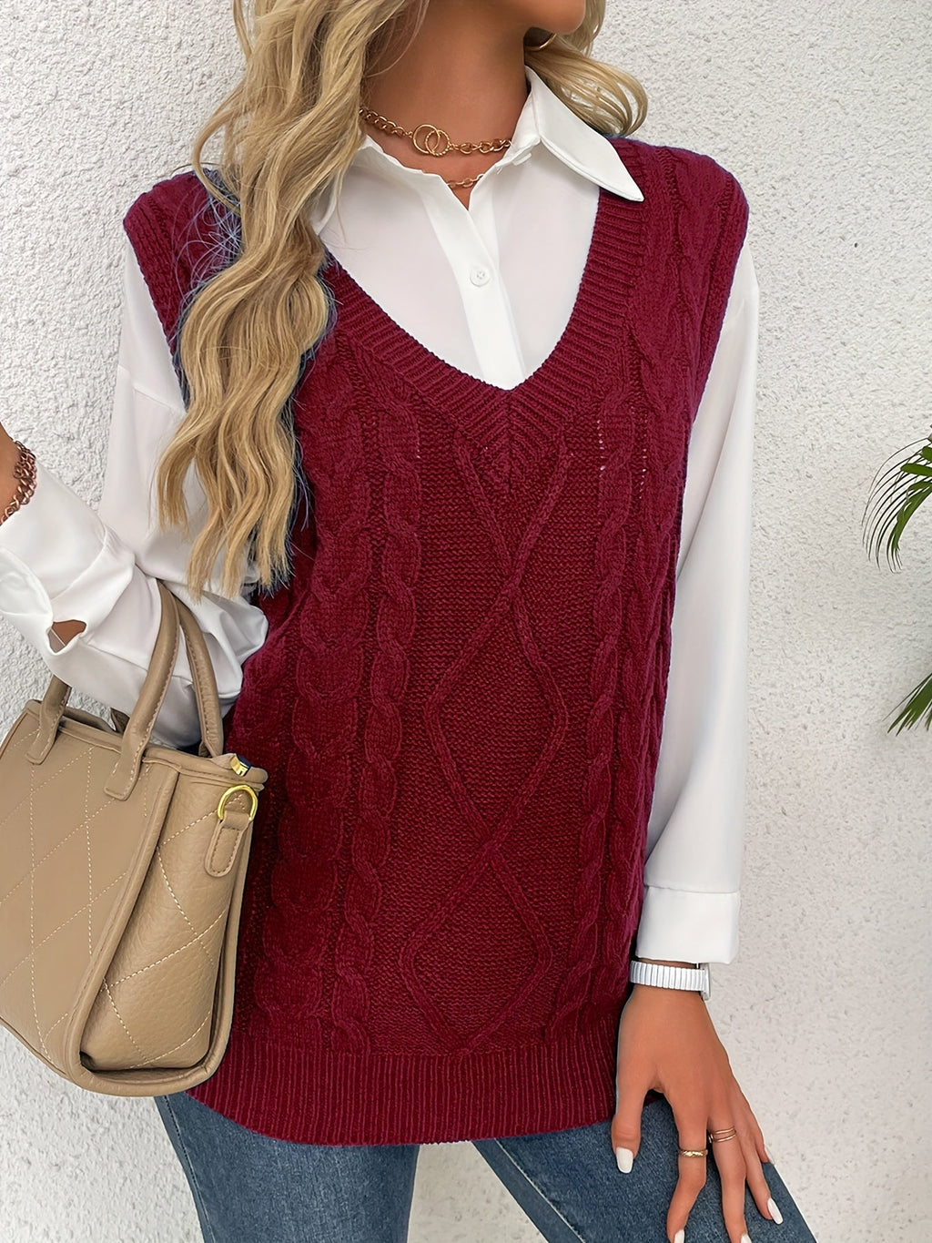 Women's Cable-Knit V-Neck Sweater Vest