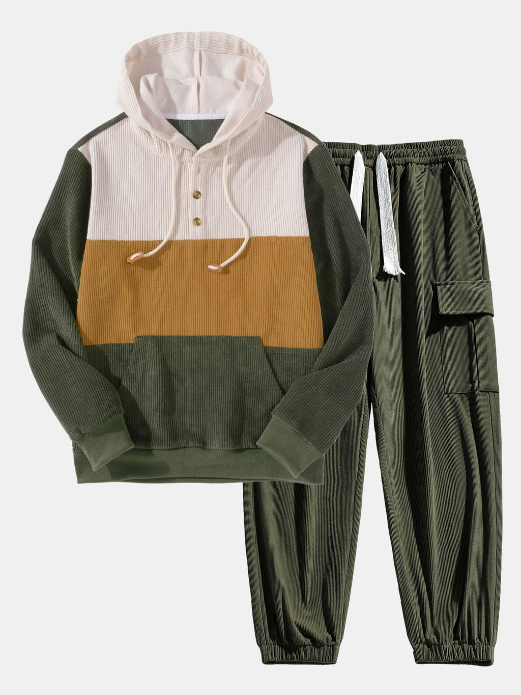 Men's Patchwork Corduroy Hoodie and Cargo Jogger Set - Olive Green