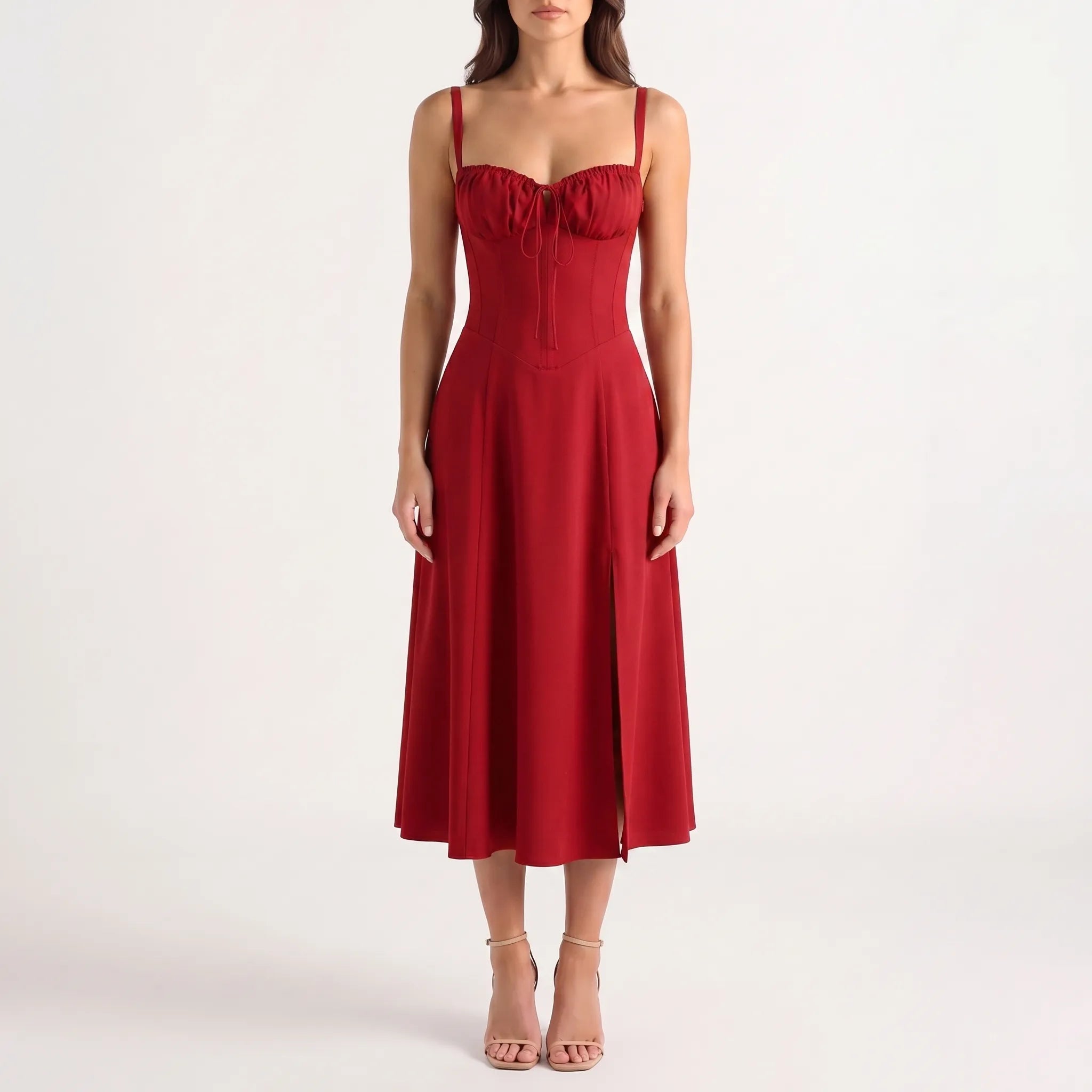 Women's Floral Corset Midi Dress - Summer Sundress with Slit