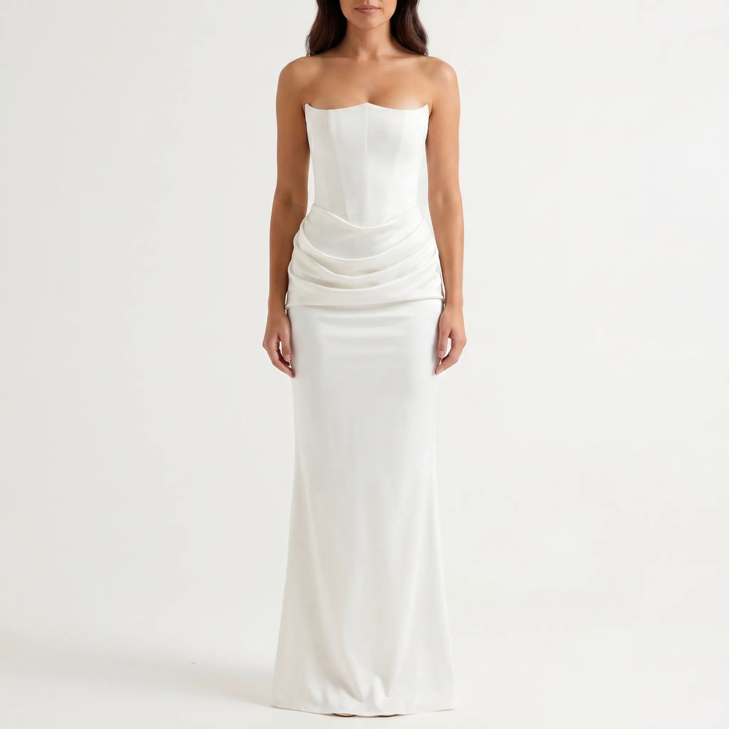 Women's Strapless Maxi Dress - Elegant Draped for Occasions
