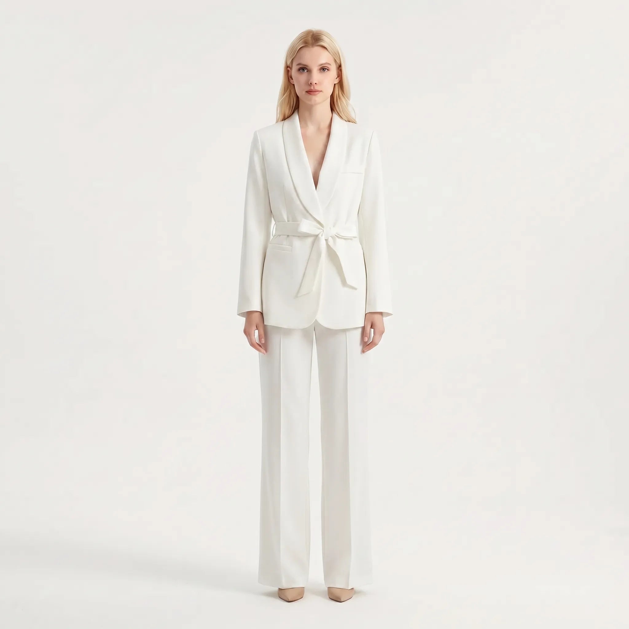 Women's Belted Blazer and Wide Leg Pants 2 Piece Suit Set