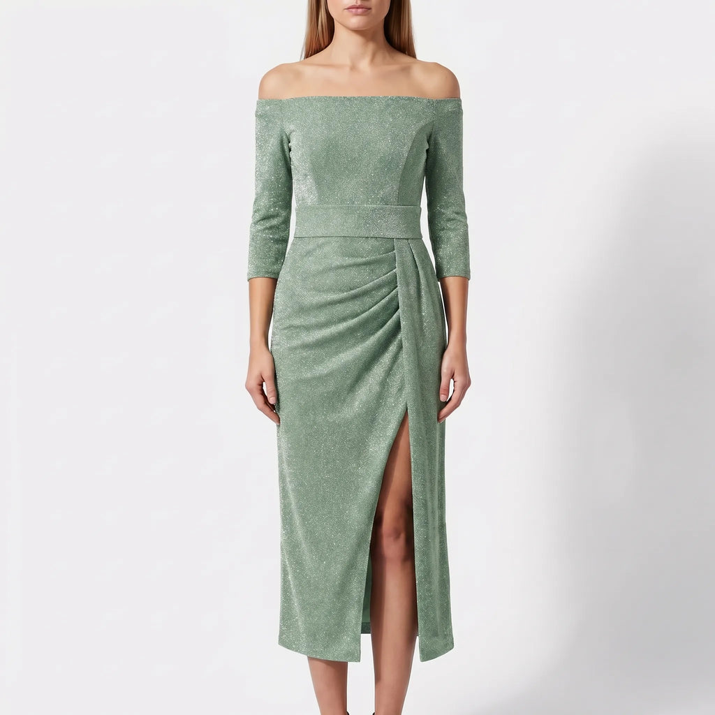 Women's Off Shoulder Midi Dress - Shimmer Bodycon for Evening