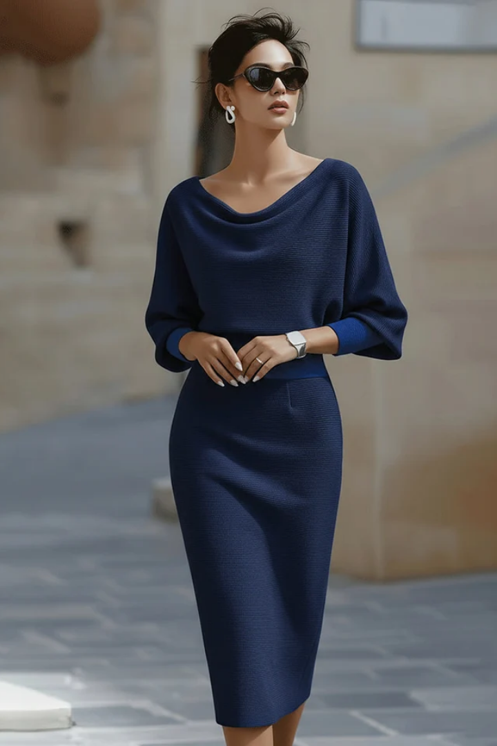 Women's Draped Cowl Neck Batwing Midi Dress