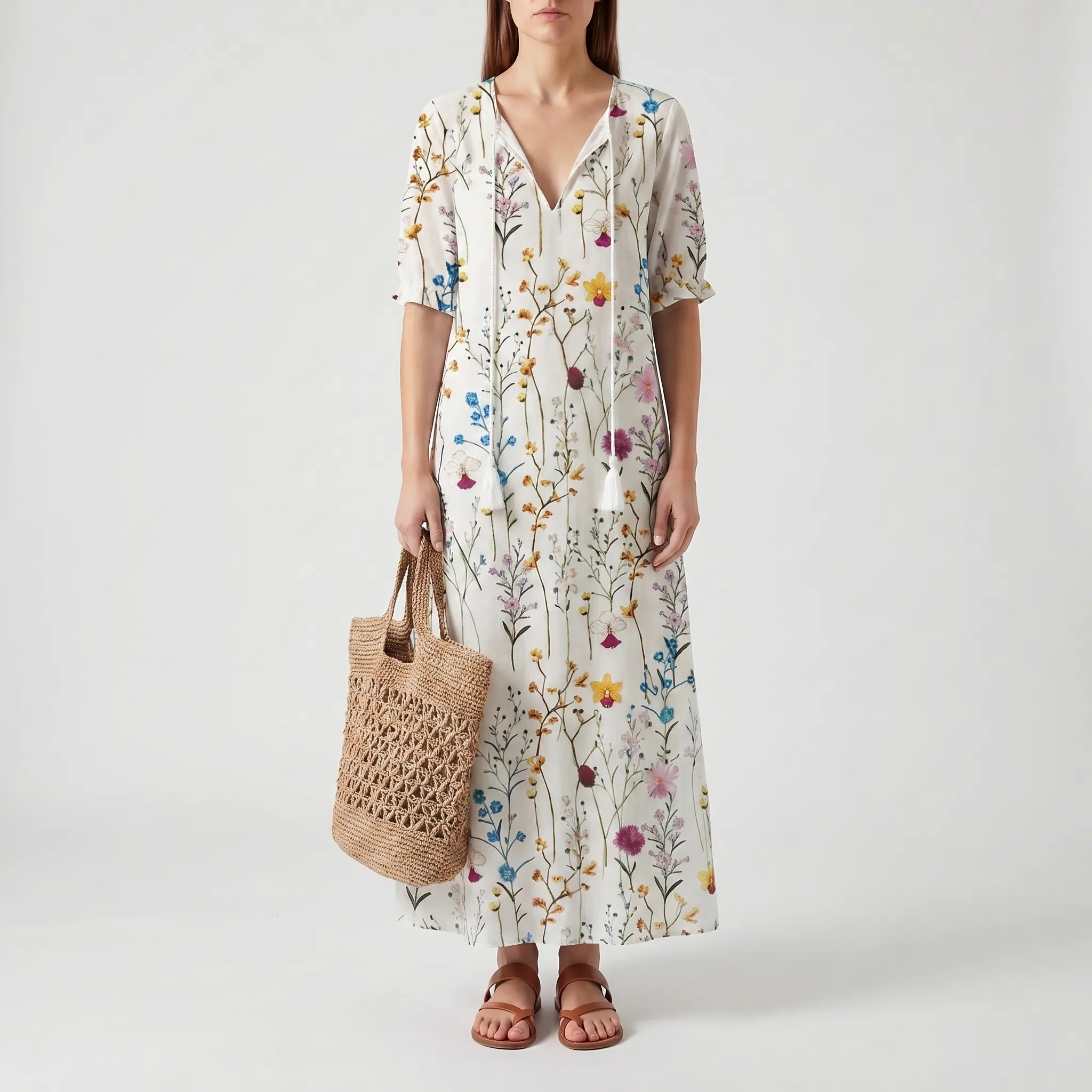 Women's Boho Maxi Dress - Casual Summer V Neck Sundress