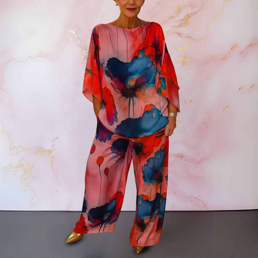 Women's Satin Two-Piece Top and Pants Set - Pink Red