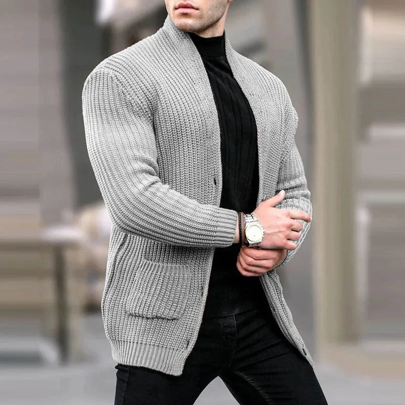 Men's Relaxed Open-Neck Knit Cardigan with Pockets - Light Gray