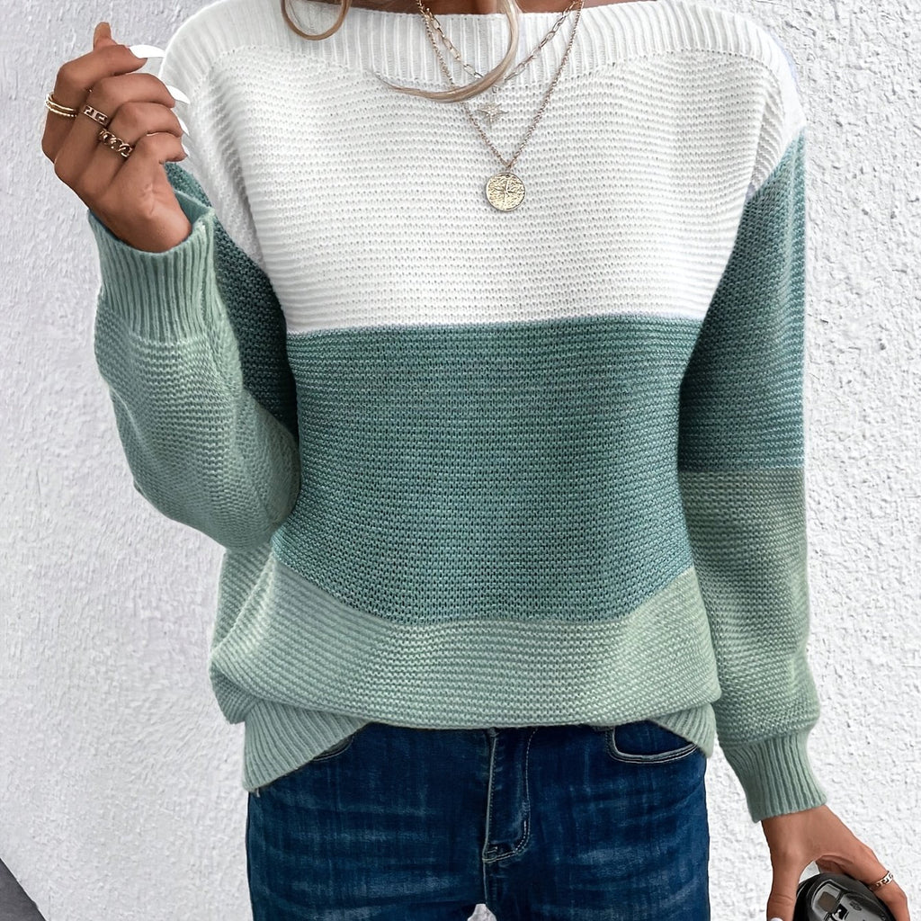Women's Color-Blocked Drop-Shoulder Knit Sweater - Green